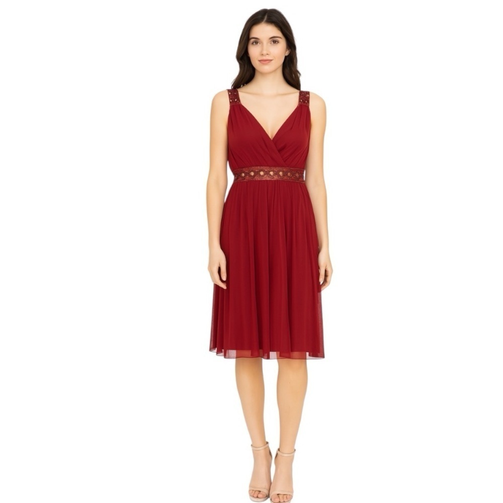 Maggy London Dark Red Feminine Romantic Fairy Silk Beaded Cocktail Dress Size 12